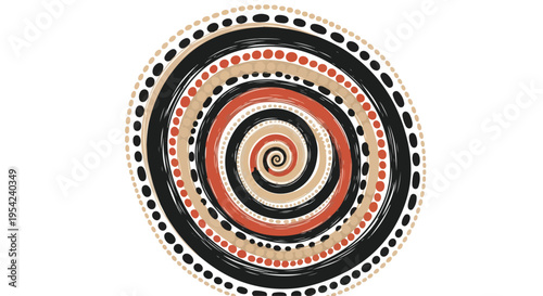 A spiral tribal pattern on a white background with concentric circles in black, red, and beige colors