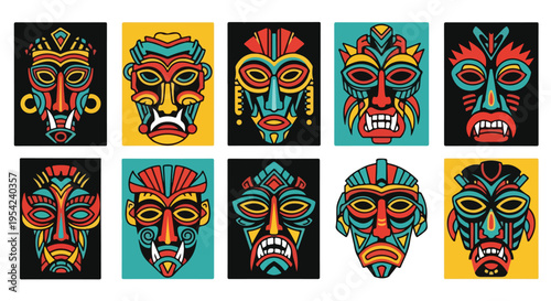 Vibrant abstract tribal masks with bold colors and patterns on a clean white background