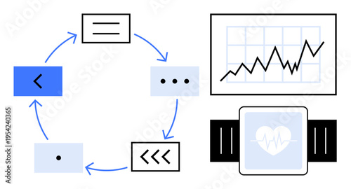 Data management, workflow processes, technology systems, health monitoring, analytics, project design. Circular workflow with arrows, graph and heart rate device. Data management and workflow