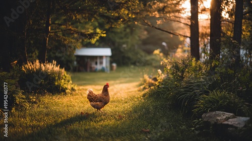 A chicken stands in a serene garden surrounded by lush greenery and trees at sunset