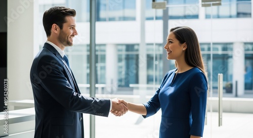 Smiling business colleagues shaking hands in a bright modern office building signifying partnership and agreement