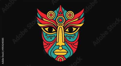 Vibrant abstract tribal mask with red, blue, and yellow patterns on a solid black background