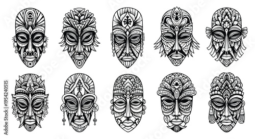 A collection of nine abstract tribal masks with unique designs and patterns on a white background in a graphic illustration