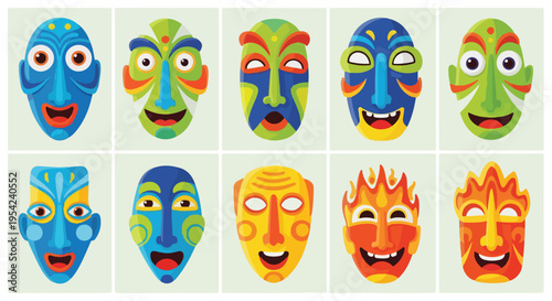 Vibrant tribal masks with abstract designs on a light green background in a grid pattern
