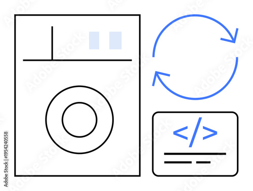 Data analysis, technology, software development, automation, coding, synchronization. Circular arrows, code snippet symbol and functional icons. Technology and synchronization illustrated