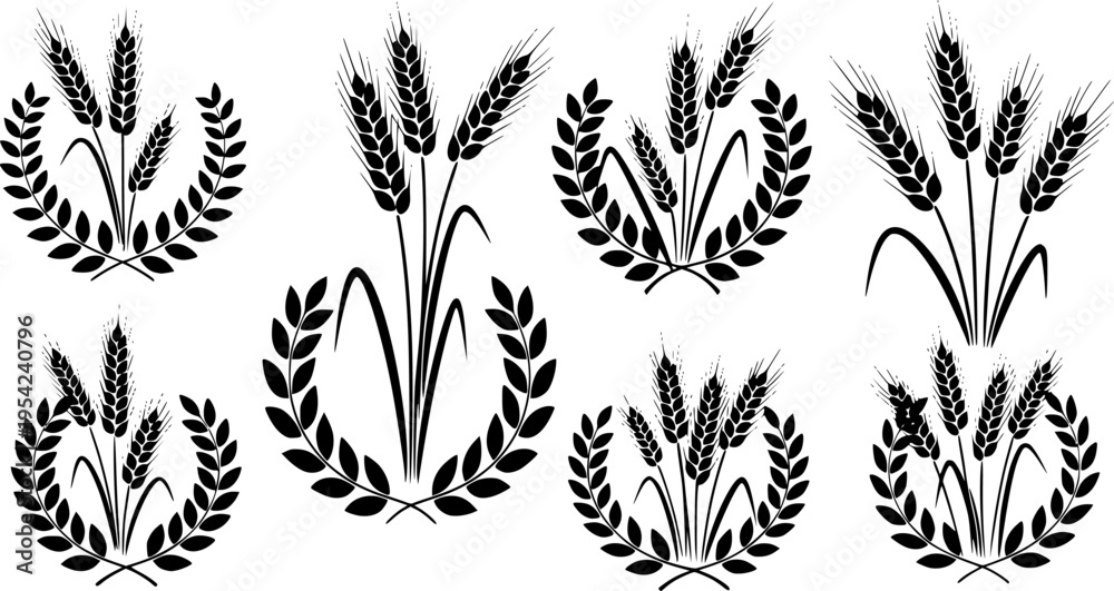 Fototapeta premium Black wheat stalks and laurel wreaths grain ears 