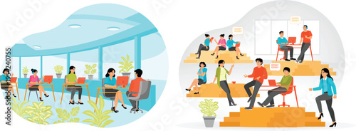 People working and collaborating in modern office spaces