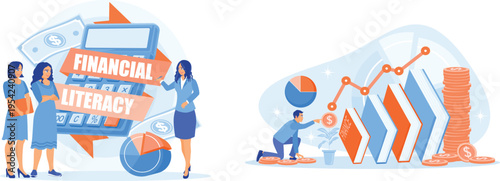 Financial literacy concept with people and money symbols