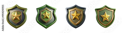 Set of four 3d military style shield icons with gold stars, isolated on transparent background