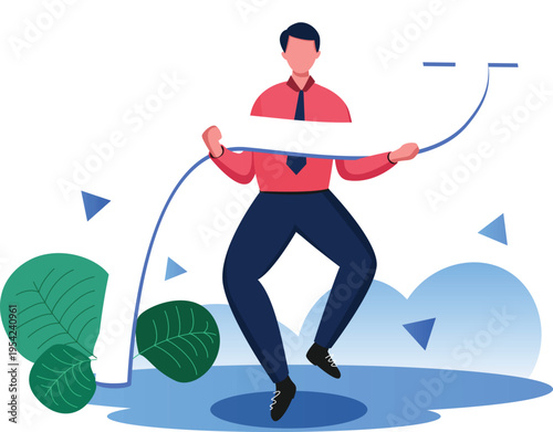 A man in a pink shirt jumping rope with a long white banner