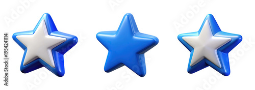 Three 3d glossy blue stars with white centers isolated on transparent background