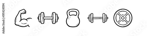 Set of hand-drawn gym and fitness icons featuring a flexed arm muscle, dumbbells, a kettlebell, and a weight plate. Minimalist black line art on a white background for sports and bodybuilding.