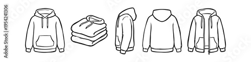 Line art illustration of hoodies in various views: front, back, side, folded, and zip-up. Minimalist outline sketches ideal for apparel design, fashion mockups, and clothing templates.