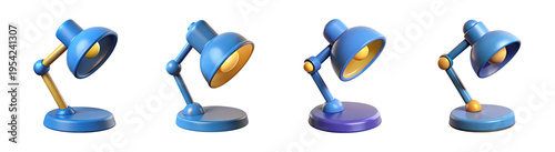 Set of 3d desk lamps in various colors and styles isolated on transparent background