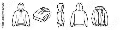 Set of black and white hoodie line art icons including front, back, side views, folded, and zip-up styles. Perfect for apparel mockups, fashion design, and clothing tech pack templates.
