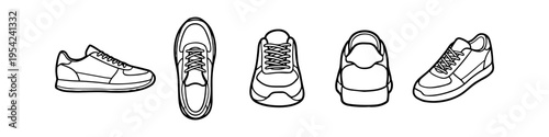 Set of five minimalist sneaker line art icons showing a shoe from side, top, front, back, and perspective views. Modern footwear design vector isolated on a white background.