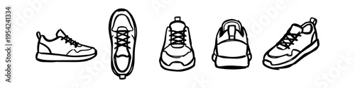 Black and white line art sketches of a sneaker from multiple angles: side, top, front, back, and isometric view. Ideal for footwear design, fashion technical drawings, and icon sets.