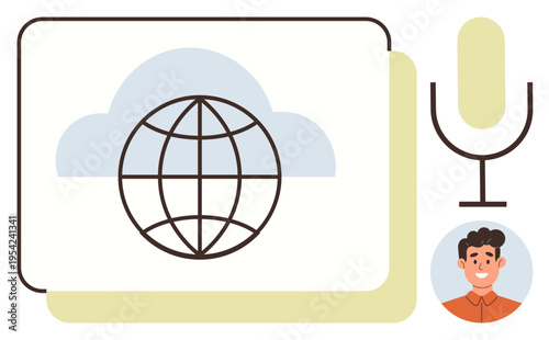 Digital networking, global communication, online media, virtual meetings, podcasting, technology. Cloud icon with globe, microphone and user avatar. Networking and global communication concept
