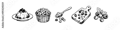 Tableau sur toile Set of hand-drawn ink sketches featuring berries in various settings: on a dessert plate, in a basket, on a spoon, and on a wooden cutting board