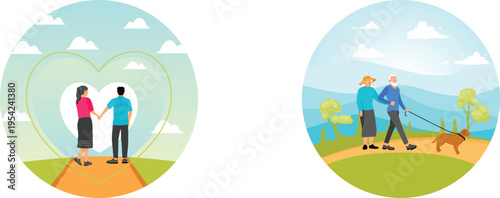 A couple holding hands and a senior couple walking with a dog