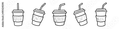 Set of five hand-drawn doodle icons showing takeaway beverage cups with straws and sleeves. Minimalist black and white line art illustration isolated on white background.