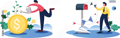 Investing and marketing concept with two cartoon men