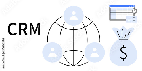 Business management, customer relationship, sales strategy, finance, global network, data organization. Diagram showing CRM, global users and monetary value. Business management and customer
