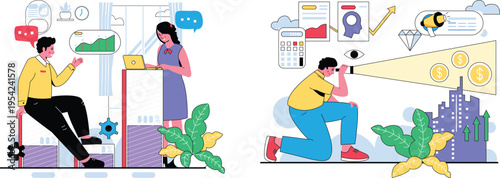 A man and a woman looking at graphs and a man looking through a telescope at money