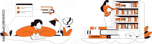 A woman studies and organizes her books