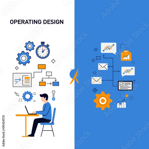 Illustration of operating design concepts, showing workflow, time management, and digital communication systems.