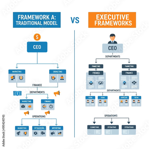 Comparison of Traditional CEO-centric organizational structure with modern Executive Frameworks showcasing departmental hierarchies and operational flows.