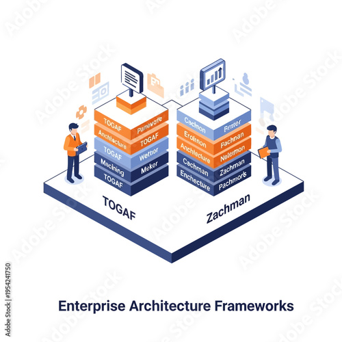 Illustration comparing TOGAF and Zachman enterprise architecture frameworks with business professionals.