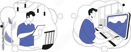 A man works on a laptop and holds a tablet