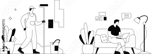 A man painting a wall and another man sitting on a couch with a laptop