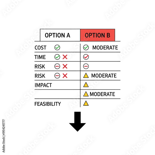 Comparison table evaluating two options (A and B) across multiple criteria including cost, time, risk, impact, and feasibility, using visual indicators like checkmarks, crosses, and warning symbols.