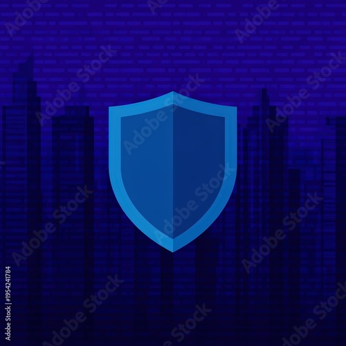 A blue shield icon symbolizing protection and security, set against a dark blue digital background with a faint city skyline.