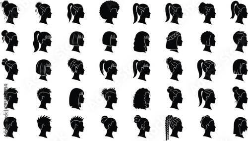 Grid of diverse hairstyle silhouette profiles, featuring ponytails, buns, braids, afros, short cuts, and spiked modern styles