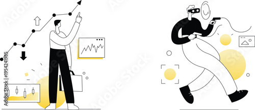 A man with a briefcase looking at a graph and a man wearing vr goggles