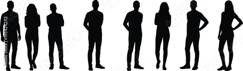 Silhouettes of diverse men and women standing in various poses, showcasing human posture, body language, and individuality