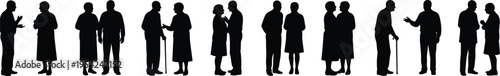 Silhouettes of elderly people in pairs interacting, symbolizing companionship, aging, community, and social connection in vector design