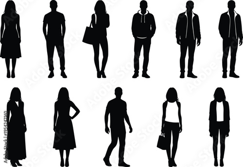 Photos Silhouettes of fashionable men and women standing in stylish poses with handbags