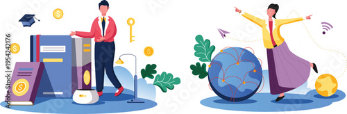 A man and woman are standing next to education and global networks