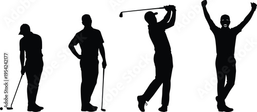 Silhouettes of golfers in different poses including putting, waiting, swinging, and celebrating, symbolizing golf game progression
