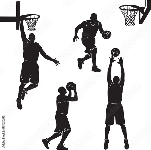 Basketball action silhouette: A dynamic array of basketball players, frozen in motion, showcase the intensity and skill of the sport.
