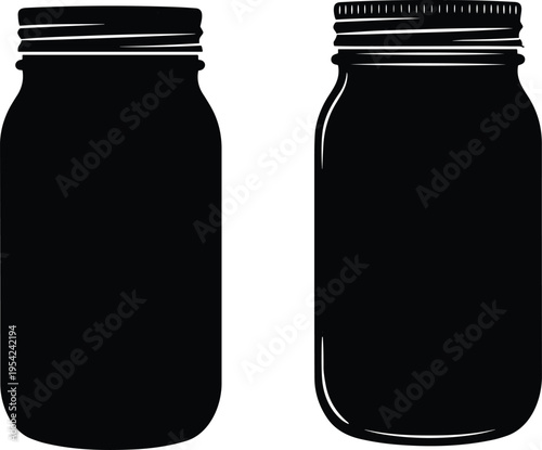 Silhouettes of mason jars in two styles, symbolizing food preservation, canning, and kitchen storage in vector design