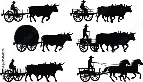 Traditional rural farming silhouette vector illustrations of oxen and horse carts with farmers transporting hay and goods