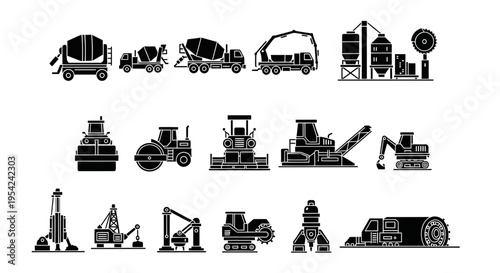 Black and white icons depicting various construction vehicles and industrial machinery