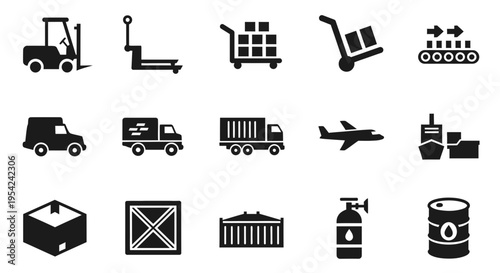 Black and white icons representing logistics cargo and transport equipment arranged in three rows