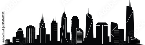   
Black silhouette of modern city skyline with skyscrapers and high-rise buildings, symbolizing urban architecture and minimalist design
