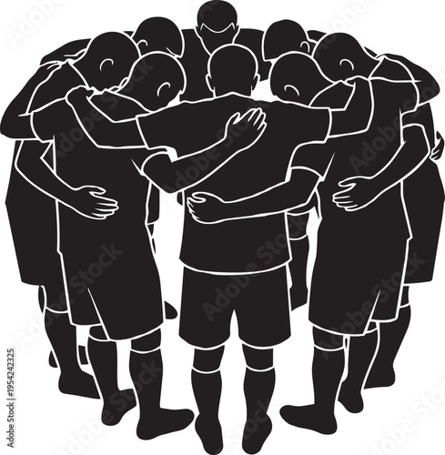 Team huddle in Black and White: Silhouette of a close-knit sports team embracing in a pre-game huddle, representing unity, strategy, and camaraderie.